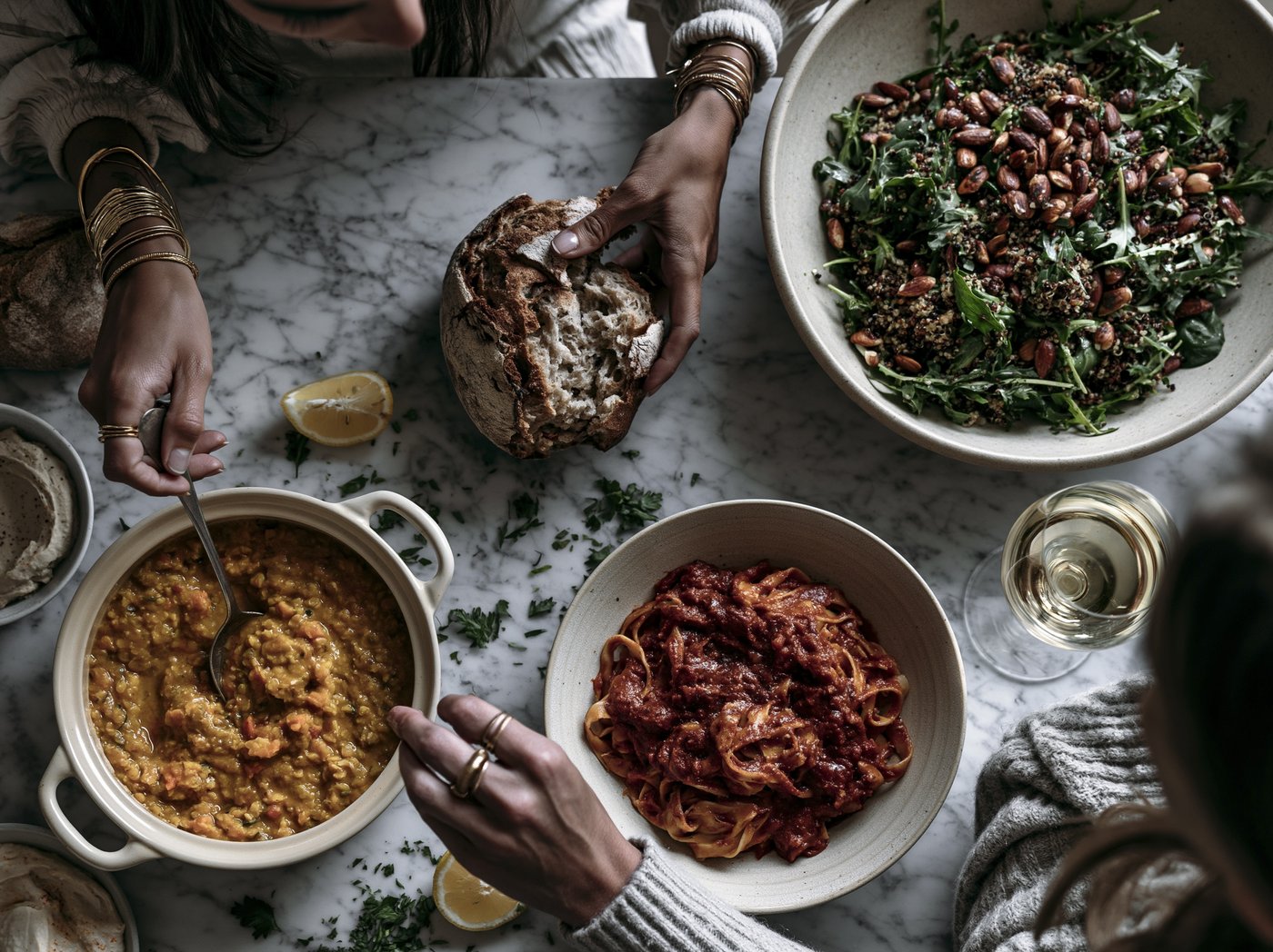 Overhead view of vegan dishes on a marble table